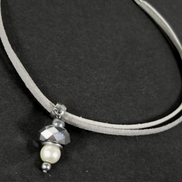 Grey Leather Necklace with Bead Pendant - Picture 2 of 2